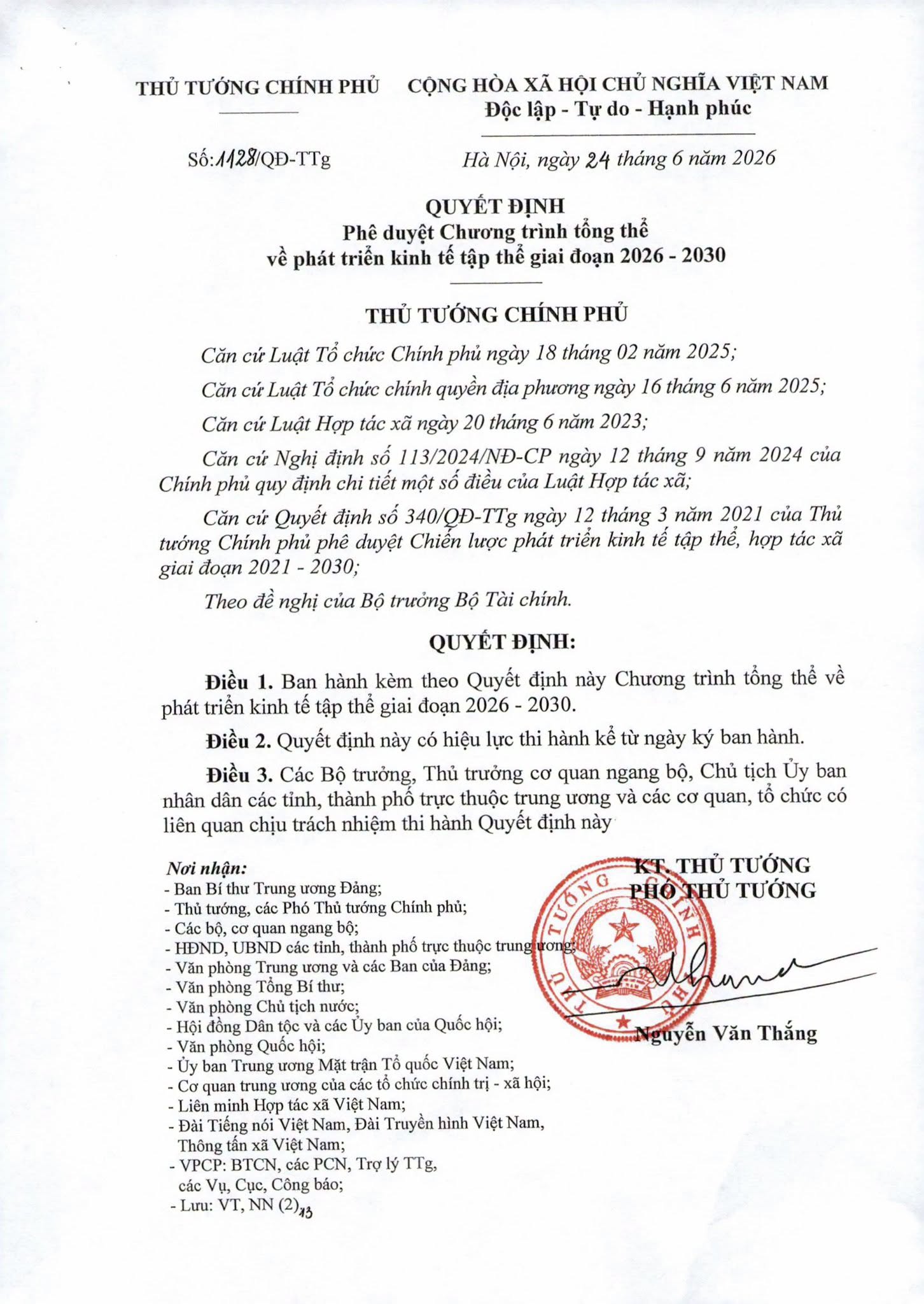 Quyết định phê duyệt Chương trình tổng thể về phát triển kinh tế tập thể giai đoạn 2026 -2030